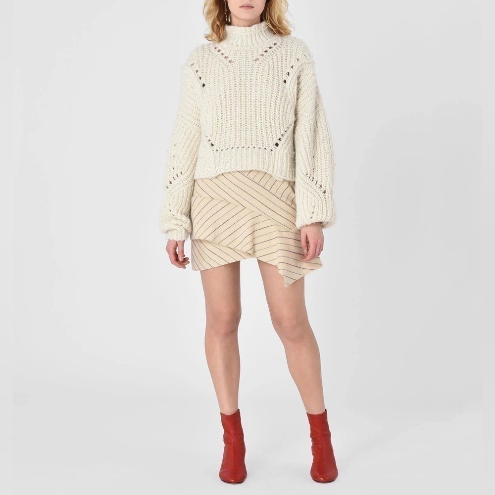 Isabel Marant Kimura Asymmetric Stripe Ruffle Mini Skirt Linen Wool Blend Size S